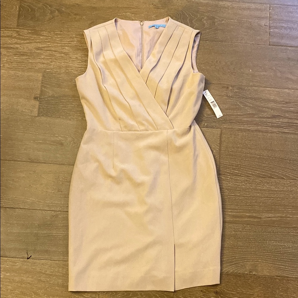 NWT Antonio Melani Pleated Pencil Cocktail Career Tan Cream Classic Dress 10 M